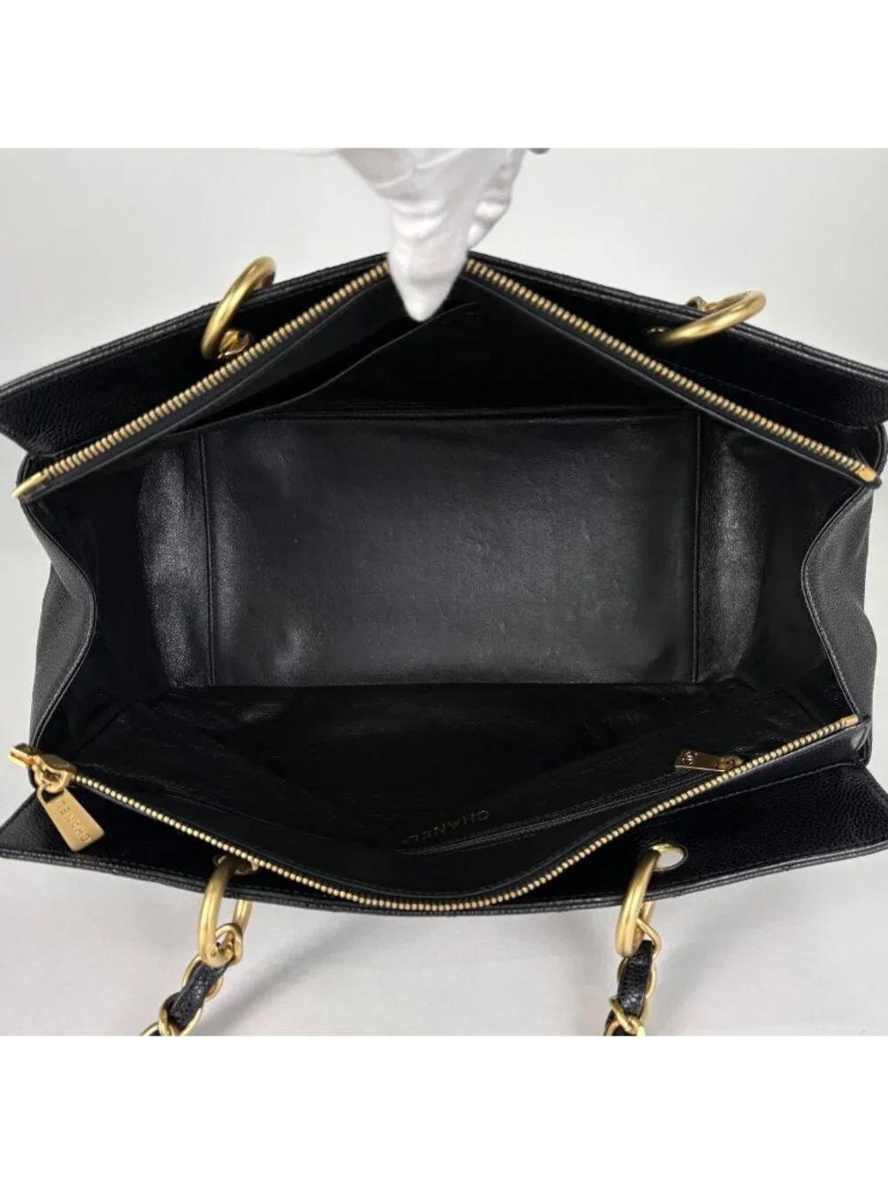 Chanel CC Logo Chain Tote Quilted Caviar Leather Black